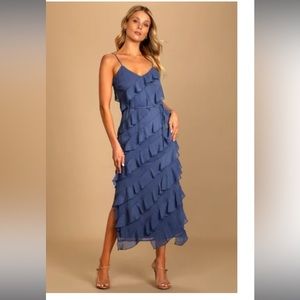 Lulu’s — Love the Look Dusty Blue Tiered Ruffled Midi Dress